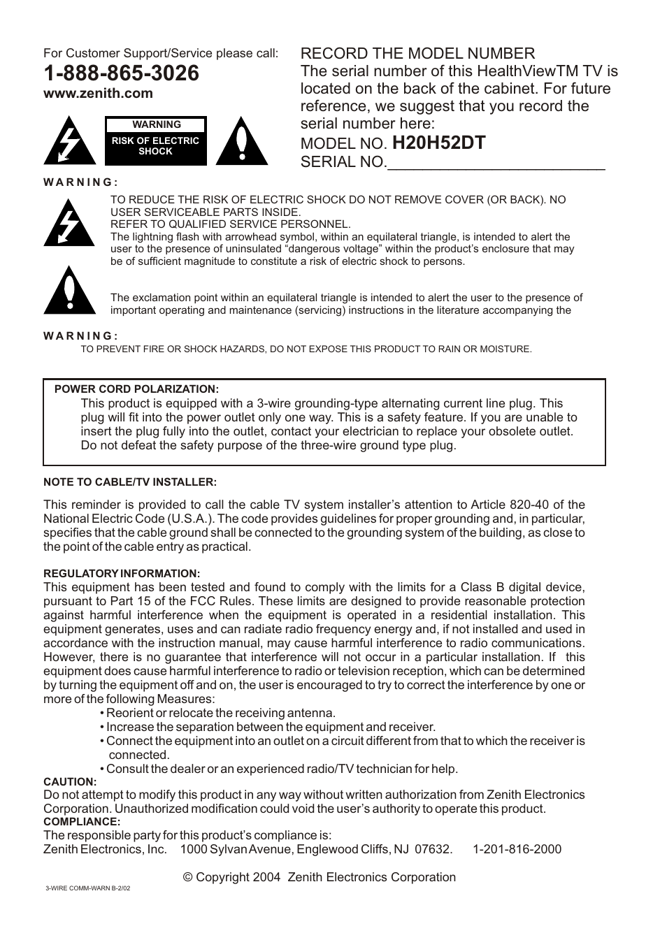 Serial no | Zenith H20H52DT User Manual | Page 2 / 52