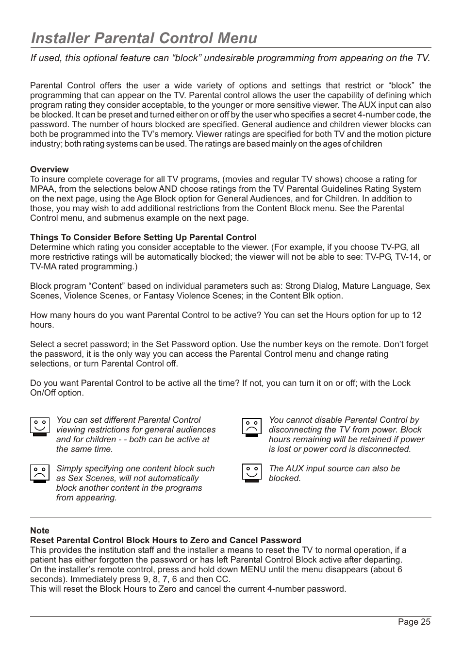 Installer parental control menu | Zenith H20H52DT User Manual | Page 25 / 52