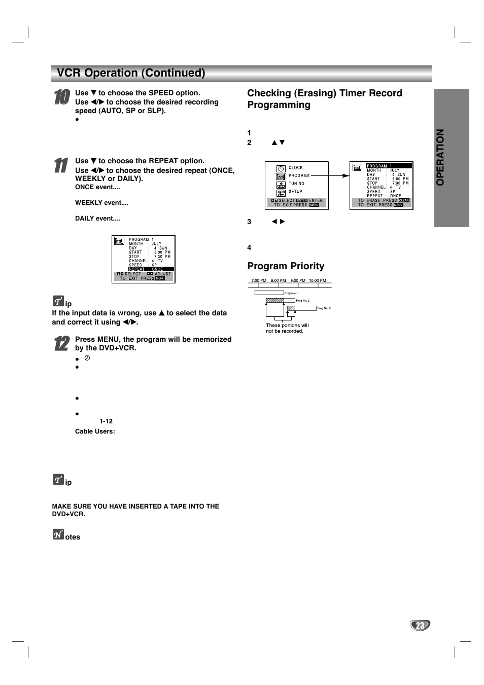 Vcr operation (continued), Opera tion, Checking (erasing) timer record programming | Program priority | Zenith XBV 443 User Manual | Page 23 / 40