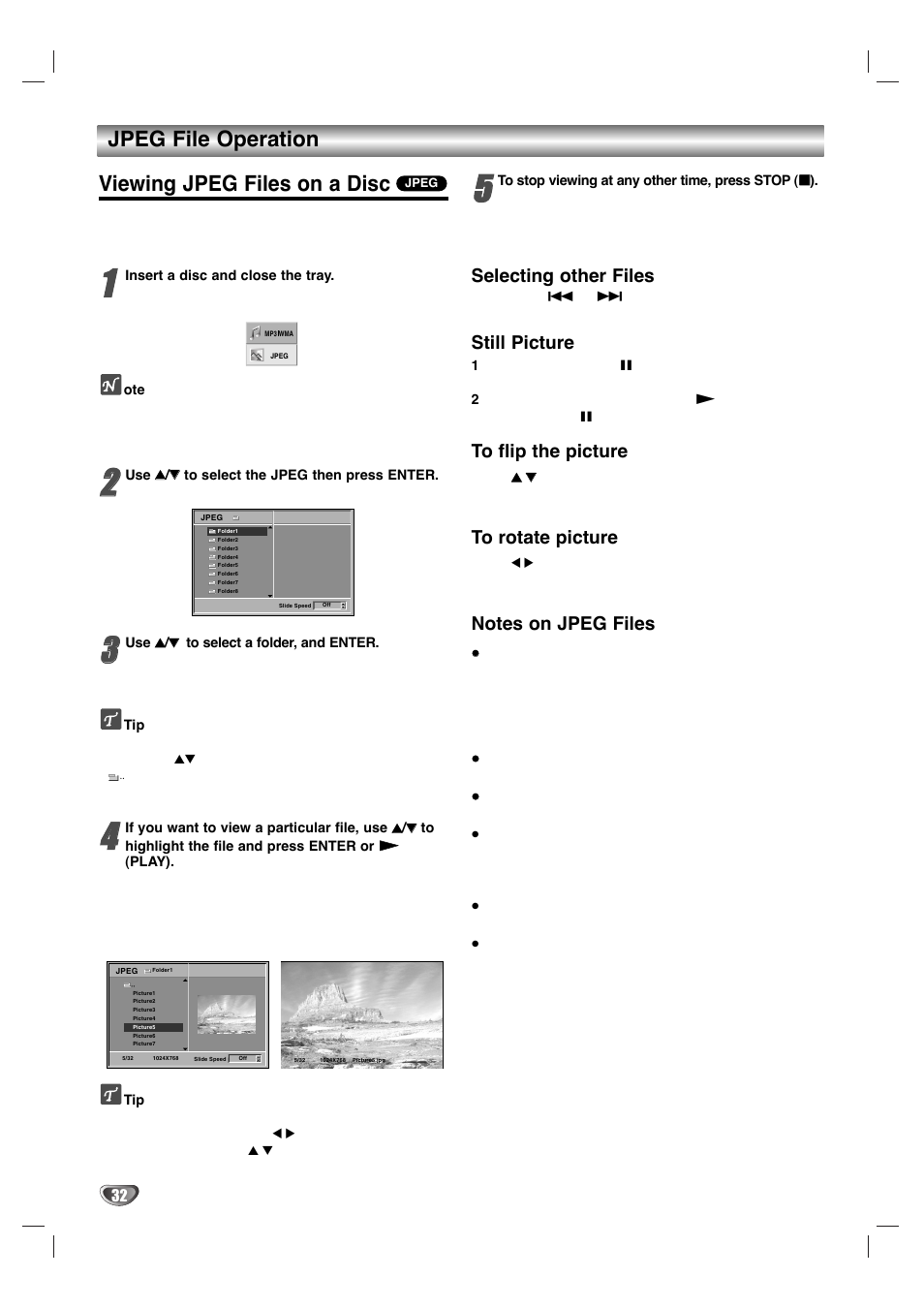 Jpeg file operation viewing jpeg files on a disc, Selecting other files, Still picture | Zenith XBV 443 User Manual | Page 32 / 40