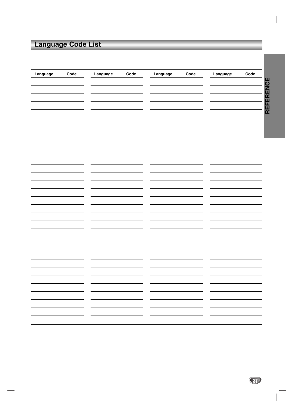 Language code list, Reference | Zenith XBV 443 User Manual | Page 37 / 40