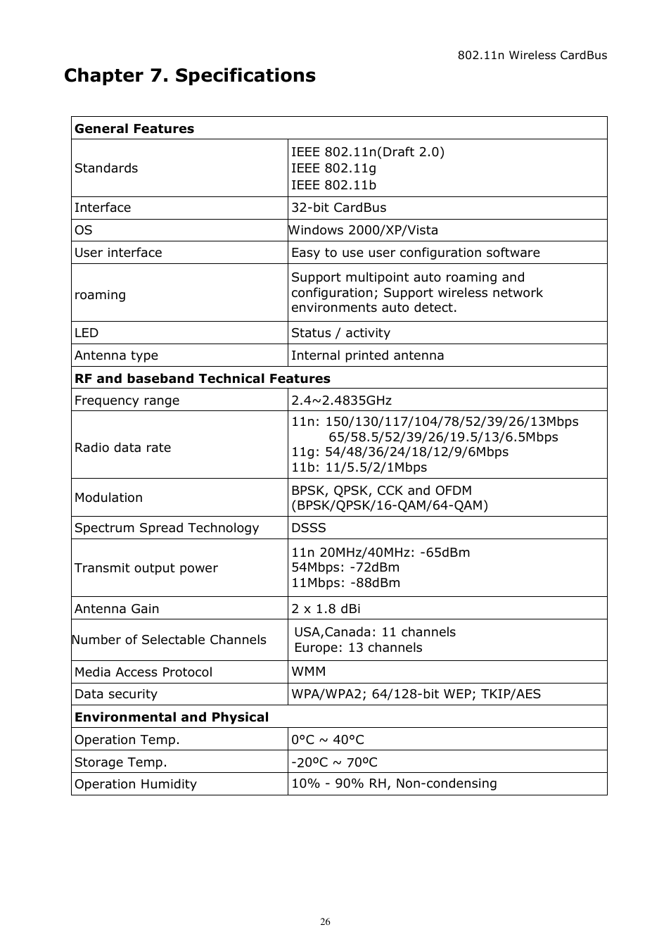 Chapter 7. specifications | Zonet Technology ZEW1542 User Manual | Page 29 / 30