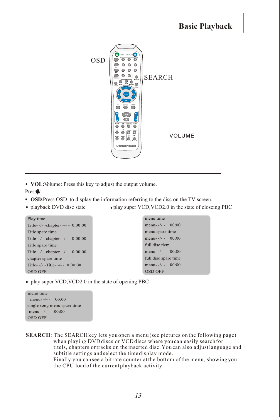 Seite15, Basic playback, 13 osd search | Yamakawa DVD-335 User Manual | Page 15 / 30