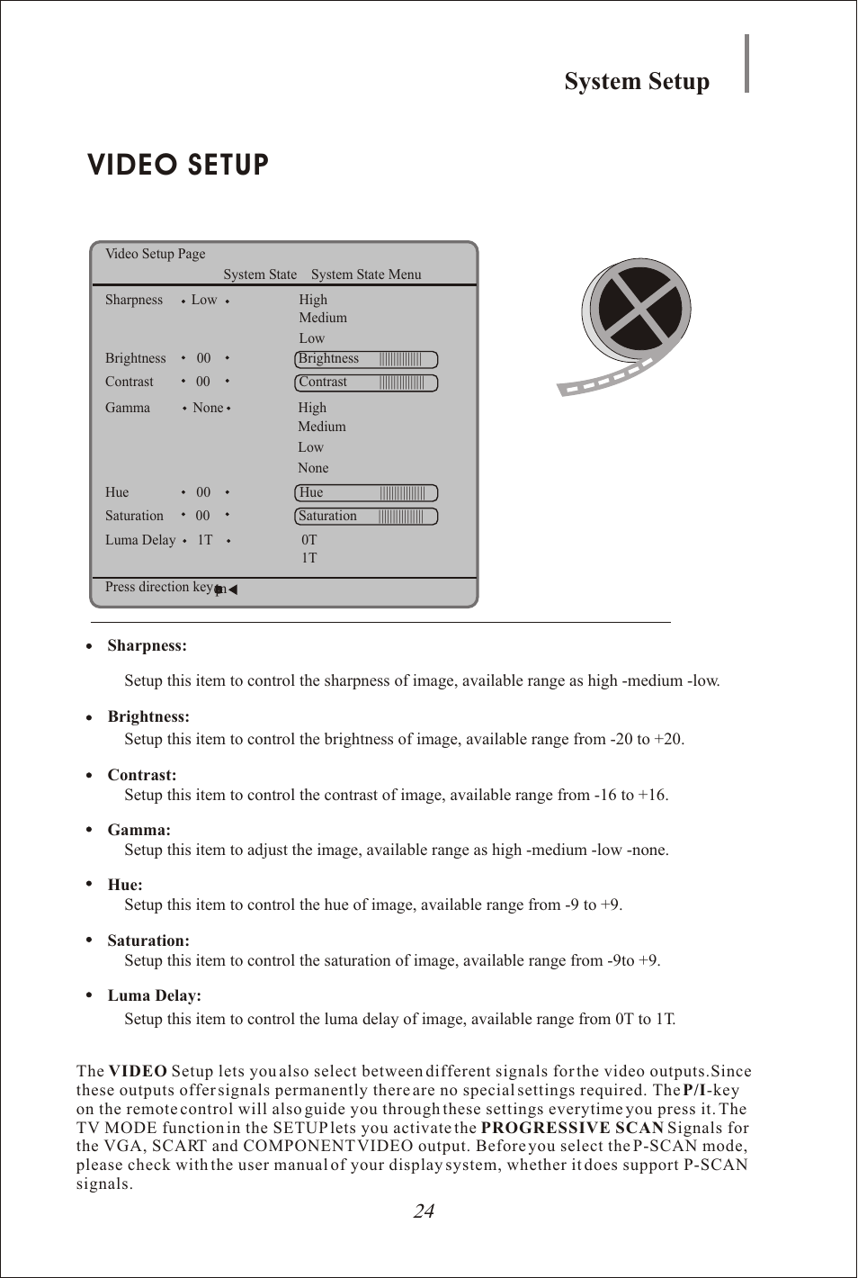 Seite25, Video setup, System setup | Yamakawa DVD-335 User Manual | Page 25 / 30