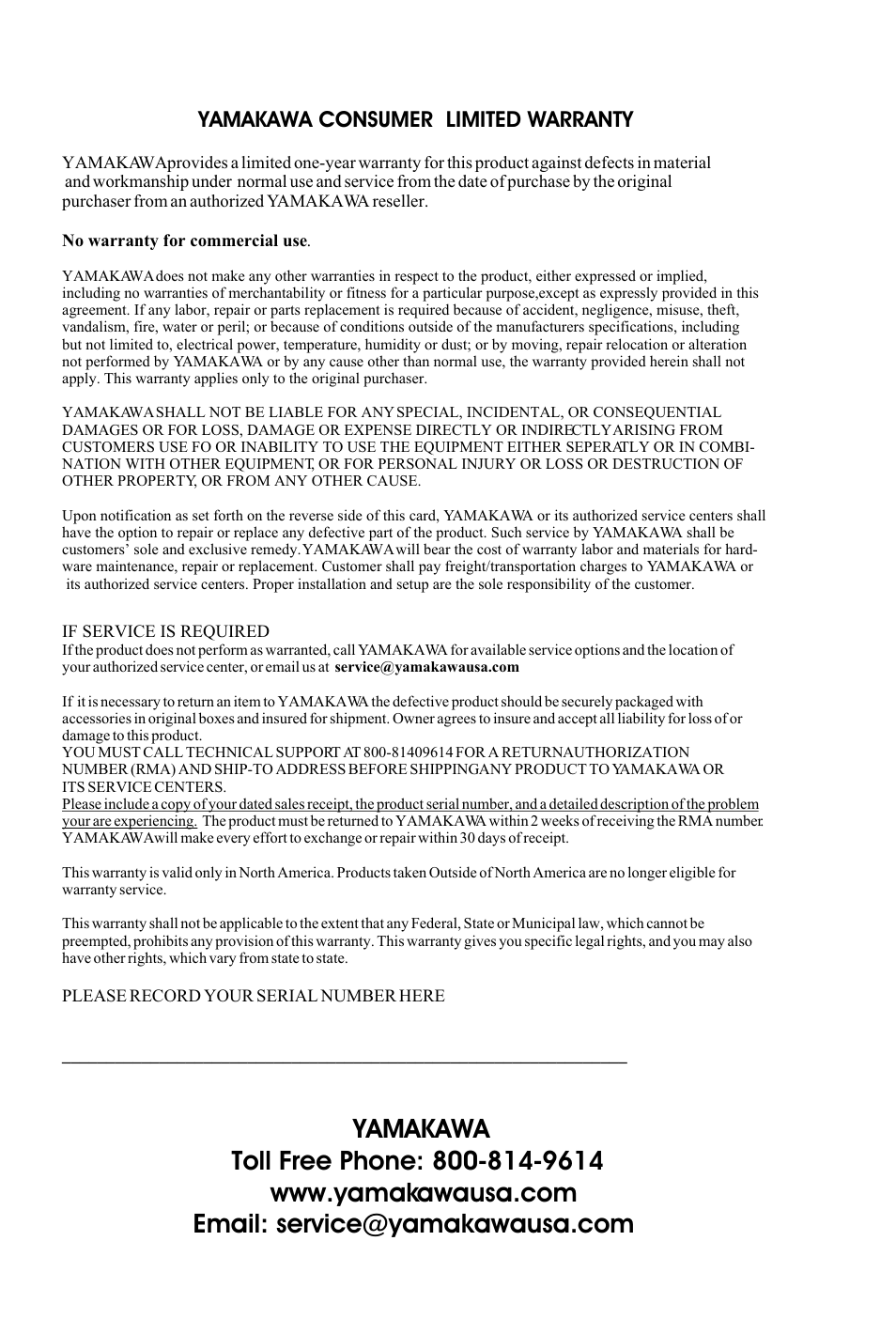 Seite30, Yamakawa consumer limited warranty | Yamakawa DVD-335 User Manual | Page 30 / 30