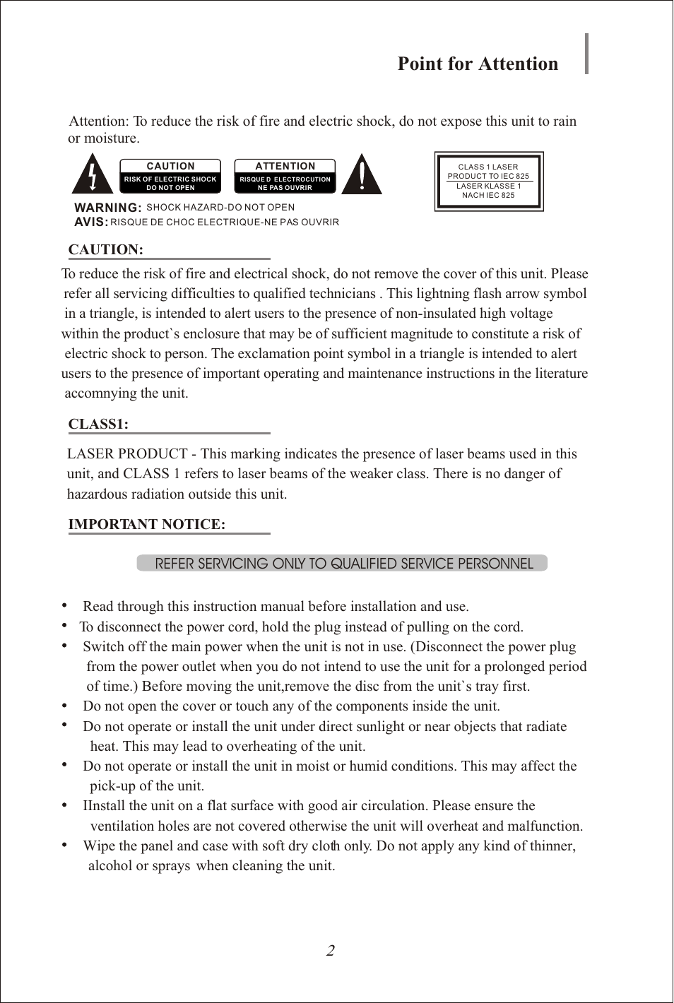 Seite4, Point for attention | Yamakawa DVD-335 User Manual | Page 4 / 30