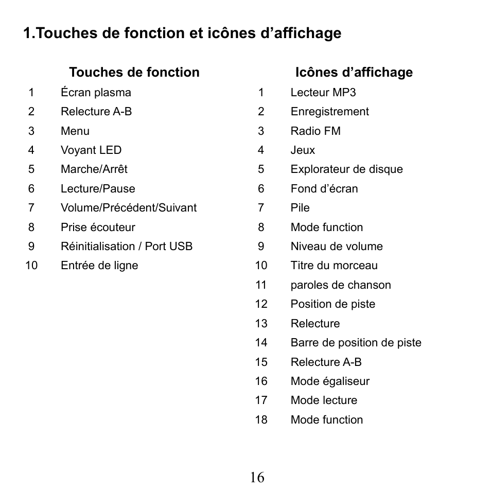 Touches de fonction, 16 1.touches de fonction et icônes d’affichage | X-Micro Tech. XMP3-N20GFT 210C User Manual | Page 17 / 72