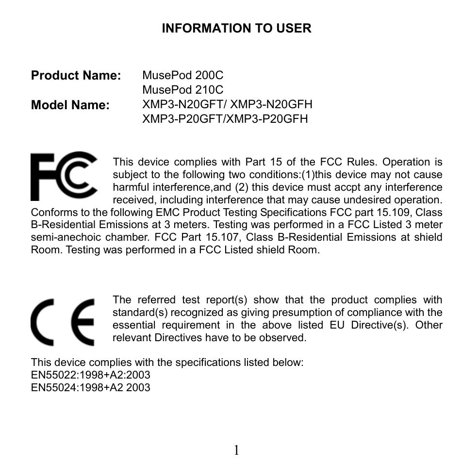 Information to user, En55024:1998+a2 2003 | X-Micro Tech. XMP3-N20GFT 210C User Manual | Page 2 / 72