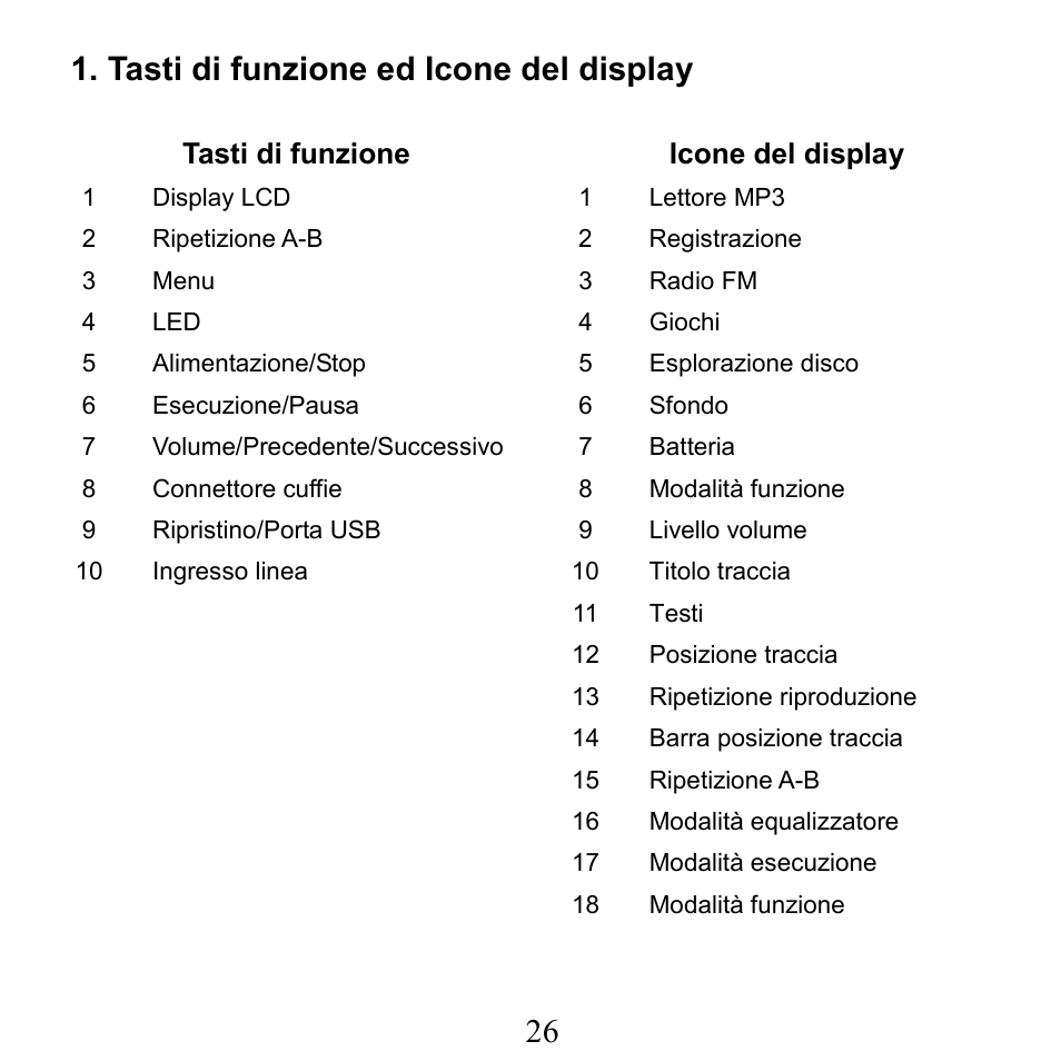 26 1. tasti di funzione ed icone del display | X-Micro Tech. XMP3-N20GFT 210C User Manual | Page 27 / 72