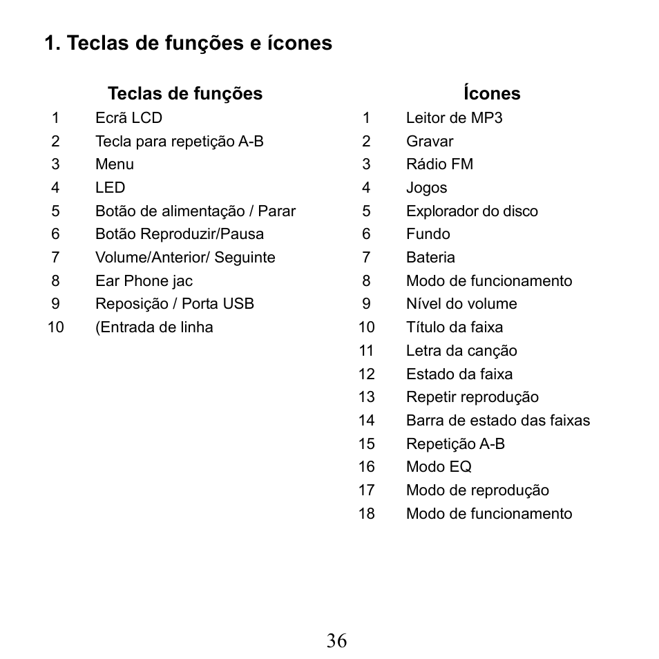 36 1. teclas de funções e ícones | X-Micro Tech. XMP3-N20GFT 210C User Manual | Page 37 / 72