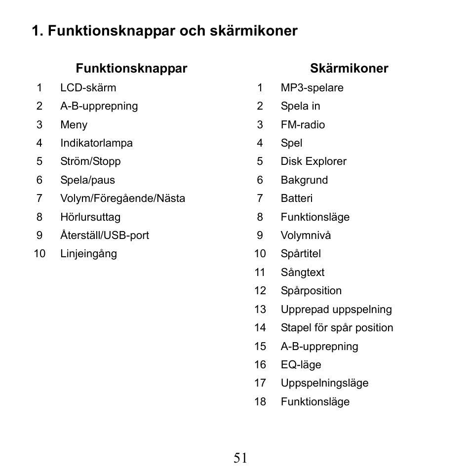 51 1. funktionsknappar och skärmikoner | X-Micro Tech. XMP3-N20GFT 210C User Manual | Page 52 / 72