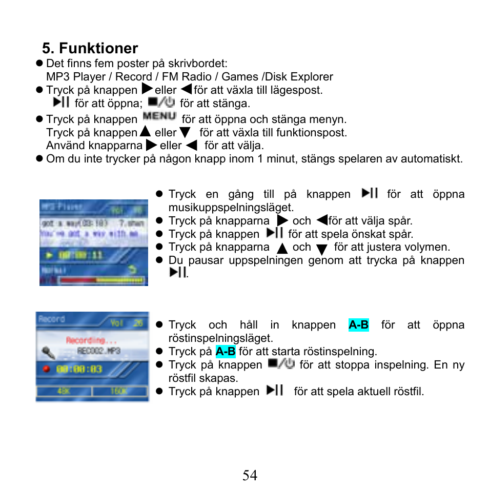Funktioner | X-Micro Tech. XMP3-N20GFT 210C User Manual | Page 55 / 72