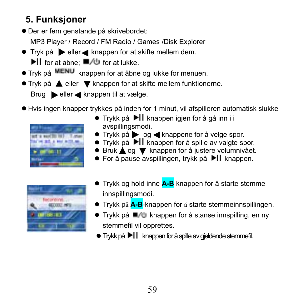 Funksjoner | X-Micro Tech. XMP3-N20GFT 210C User Manual | Page 60 / 72