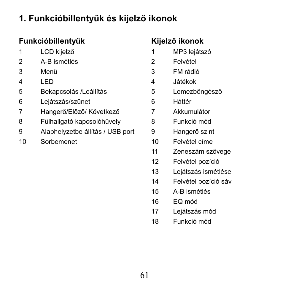 61 1. funkcióbillentyűk és kijelző ikonok | X-Micro Tech. XMP3-N20GFT 210C User Manual | Page 62 / 72