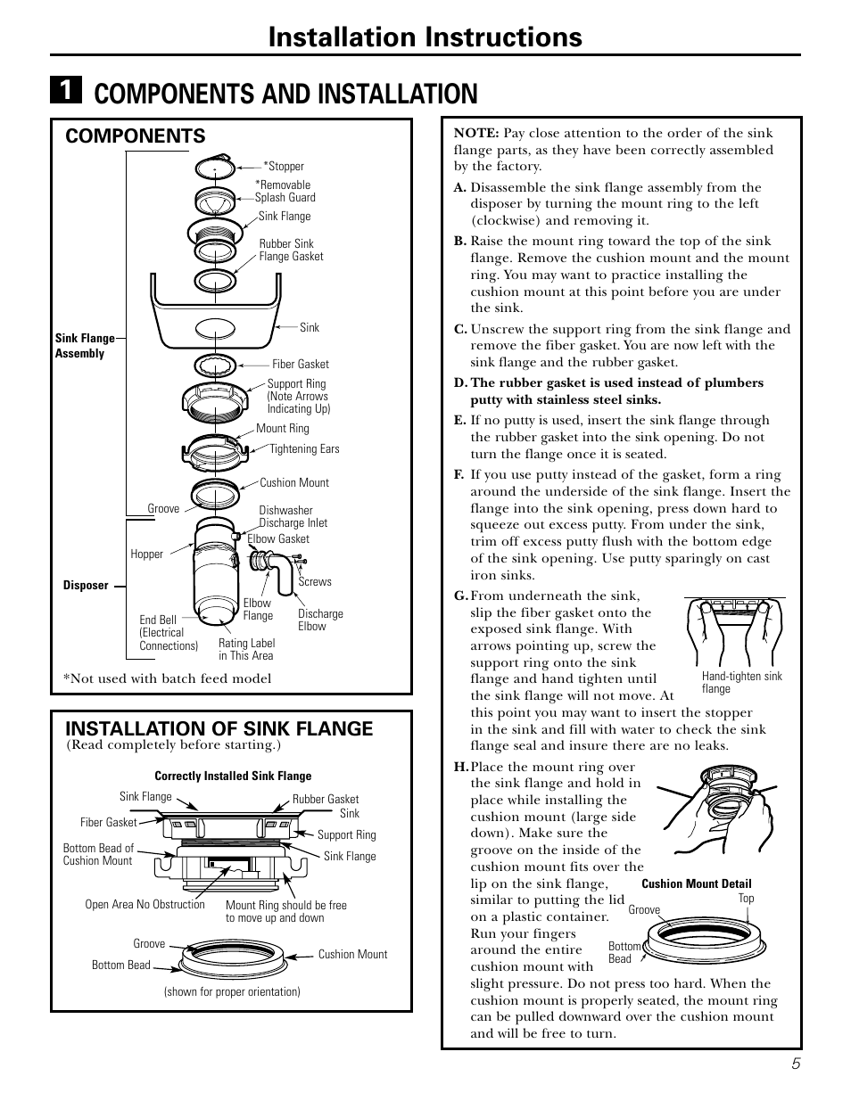 Components and installation of sink flange, Components installation of sink flange | J. A. Henckels GEAPPLIANCES GFB760 User Manual | Page 5 / 24