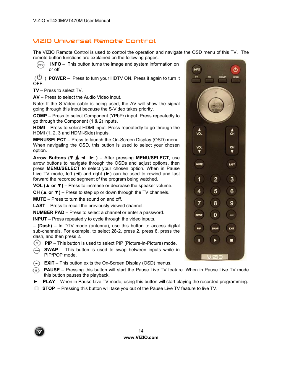 Vizio universal remote control | ZyXEL Communications VT470M User Manual | Page 14 / 63