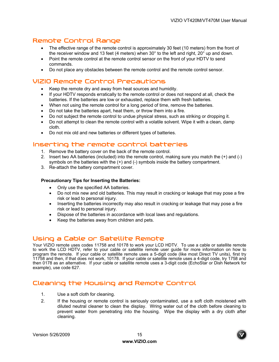 Remote control range, Vizio remote control precautions, Inserting the remote control batteries | Using a cable or satellite remote, Cleaning the housing and remote control | ZyXEL Communications VT470M User Manual | Page 15 / 63