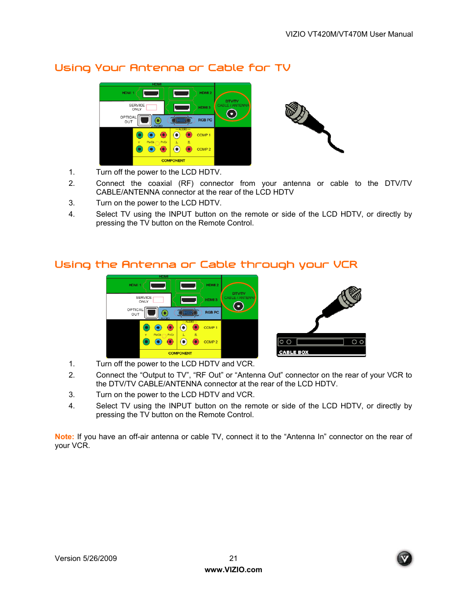 Using your antenna or cable for tv, Using the antenna or cable through your vcr | ZyXEL Communications VT470M User Manual | Page 21 / 63