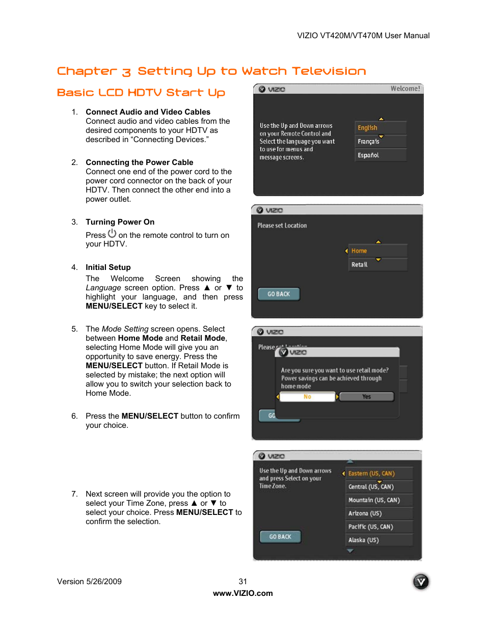 Chapter 3, Setting up to watch television, Basic lcd hdtv start up | ZyXEL Communications VT470M User Manual | Page 31 / 63