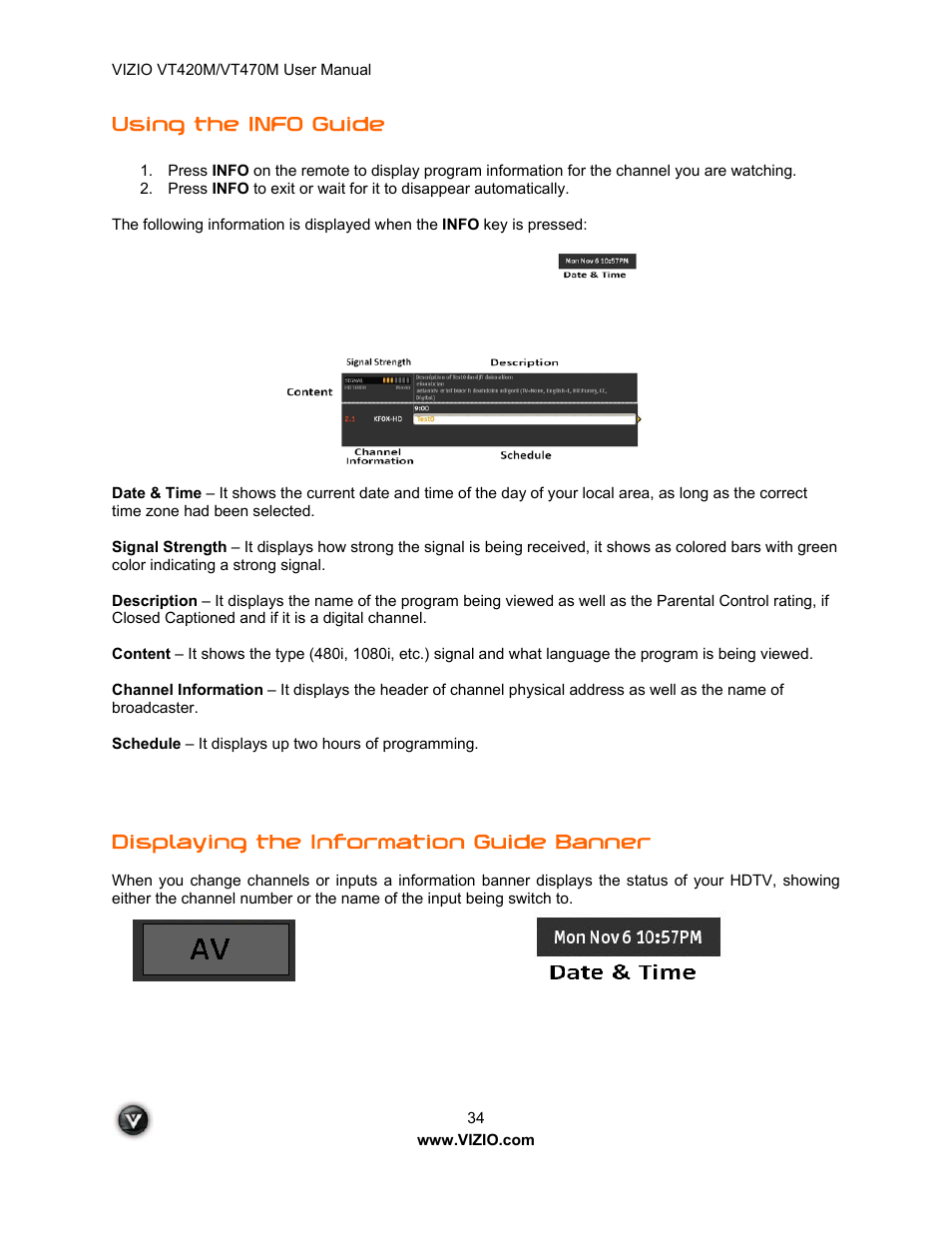 Using the info guide, Displaying the information guide banner | ZyXEL Communications VT470M User Manual | Page 34 / 63