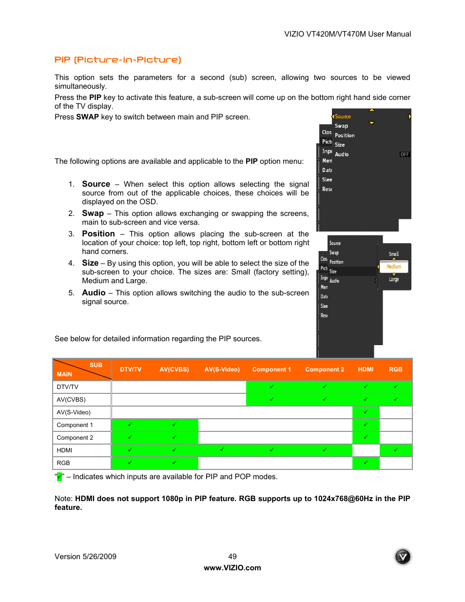 Pip (picture-in-picture), Source, Swap | Position, Size, Audio | ZyXEL Communications VT470M User Manual | Page 49 / 63