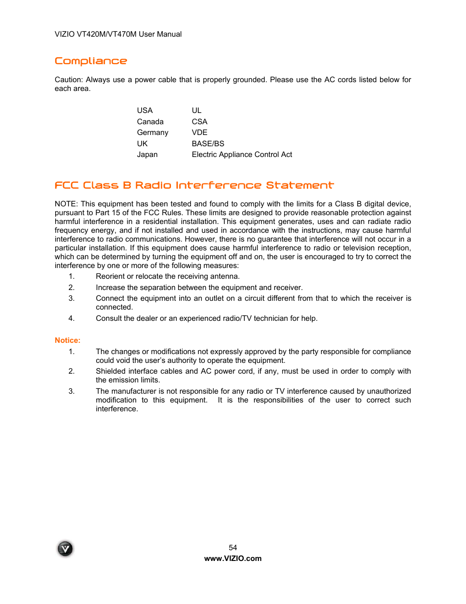 Compliance, Fcc class b radio interference statement | ZyXEL Communications VT470M User Manual | Page 54 / 63