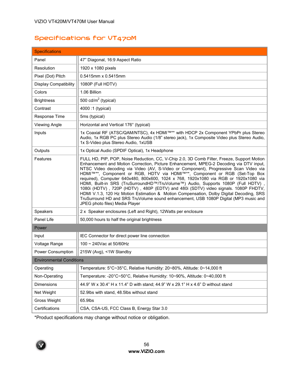 Specifications for vt470m | ZyXEL Communications VT470M User Manual | Page 56 / 63