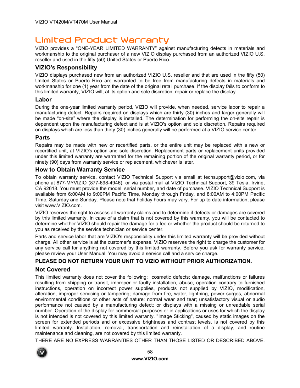 Limited product warranty | ZyXEL Communications VT470M User Manual | Page 58 / 63