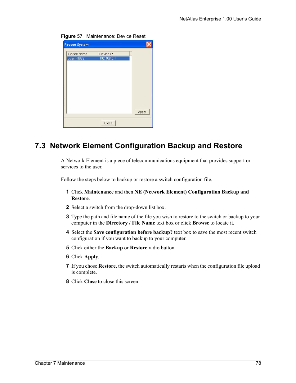 3 network element configuration backup and restore, Figure 57 maintenance: device reset | ZyXEL Communications 1 User Manual | Page 79 / 174