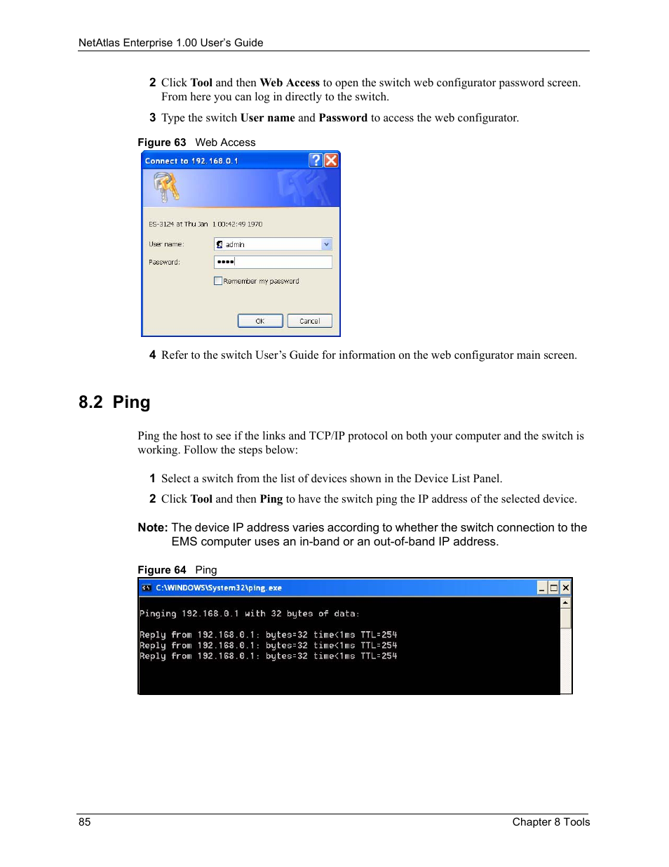 2 ping, Figure 63 web access figure 64 ping | ZyXEL Communications 1 User Manual | Page 86 / 174