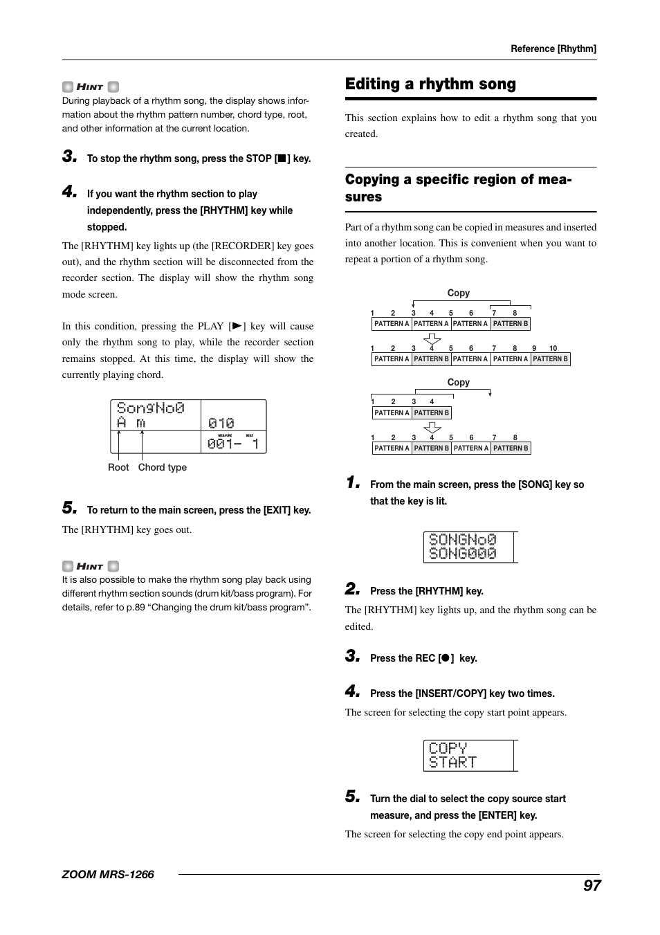 Songno0 songno0 a m a m, Editing a rhythm song, Copying a specific region of mea- sures | Zoom MRS-1266 User Manual | Page 97 / 192