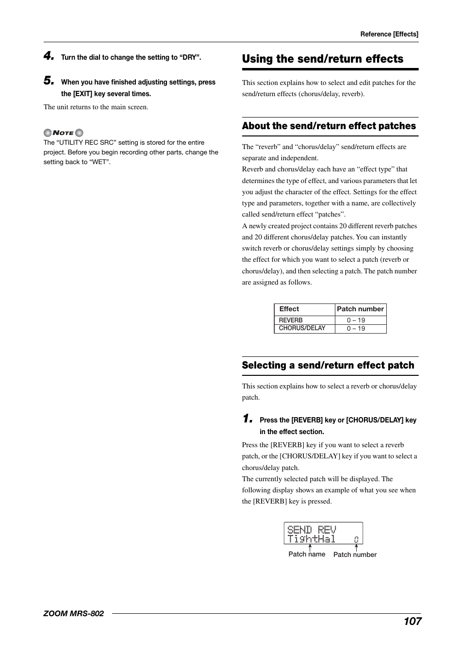 Using the send/return effects, Send rev send rev tighthal tighthal, About the send/return effect patches | Selecting a send/return effect patch | Zoom MRS-802 User Manual | Page 107 / 172