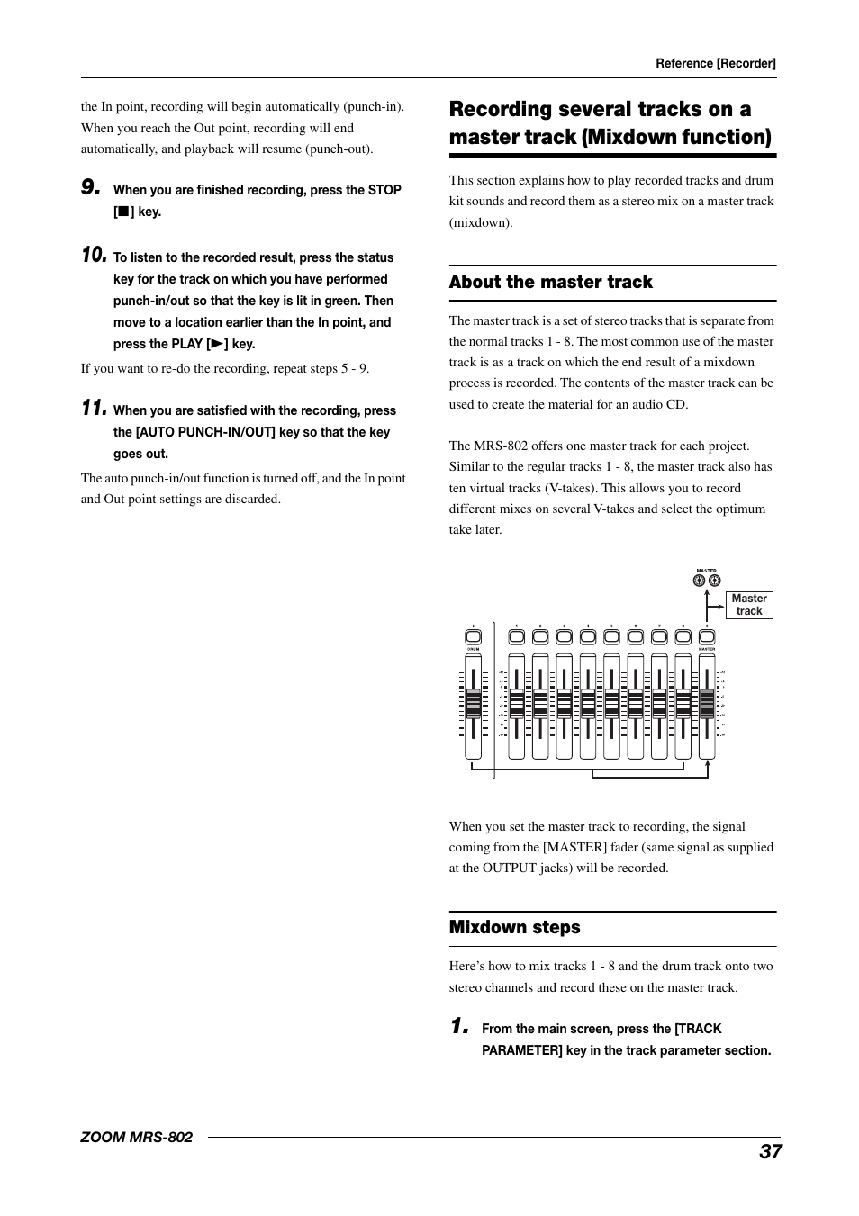 Recording several tracks on a master track, Mixdown function), About the master track mixdown steps | About the master track, Mixdown steps | Zoom MRS-802 User Manual | Page 37 / 172