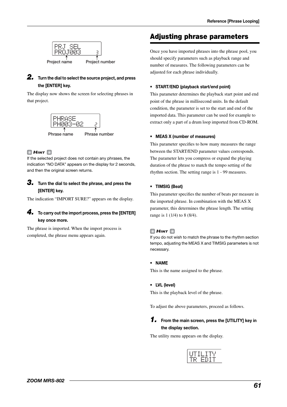 Adjusting phrase parameters, Utility utility tr edit tr edit | Zoom MRS-802 User Manual | Page 61 / 172