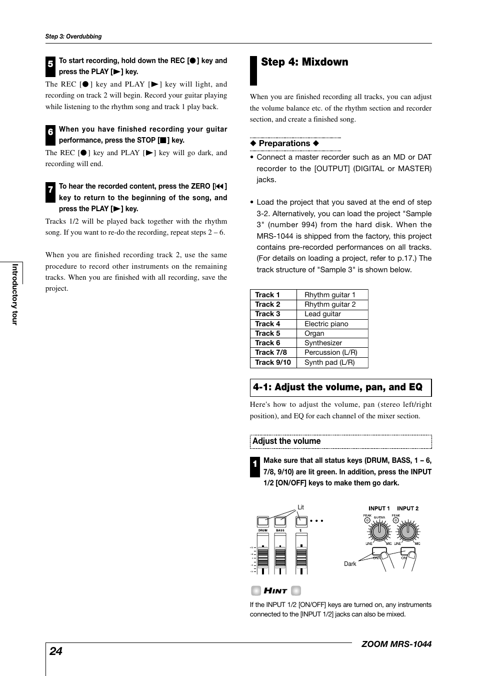 Step 4: mixdown, 1: adjust the volume, pan, and eq | Zoom MRS-1044 User Manual | Page 24 / 120