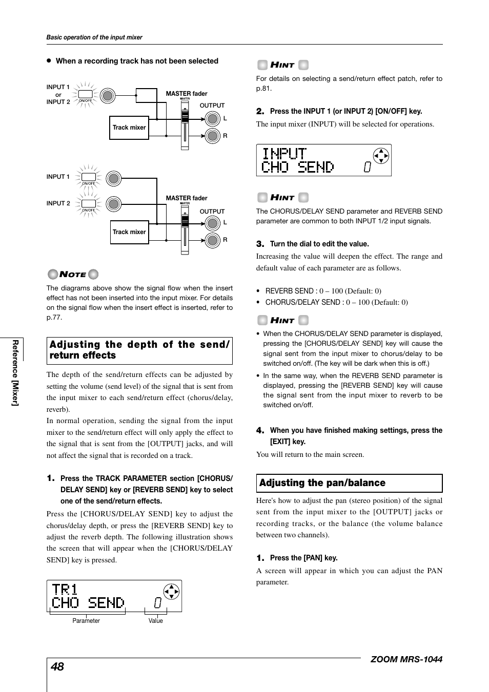 Adjusting the pan/balance, Adjusting the depth of the send/ return effects | Zoom MRS-1044 User Manual | Page 48 / 120