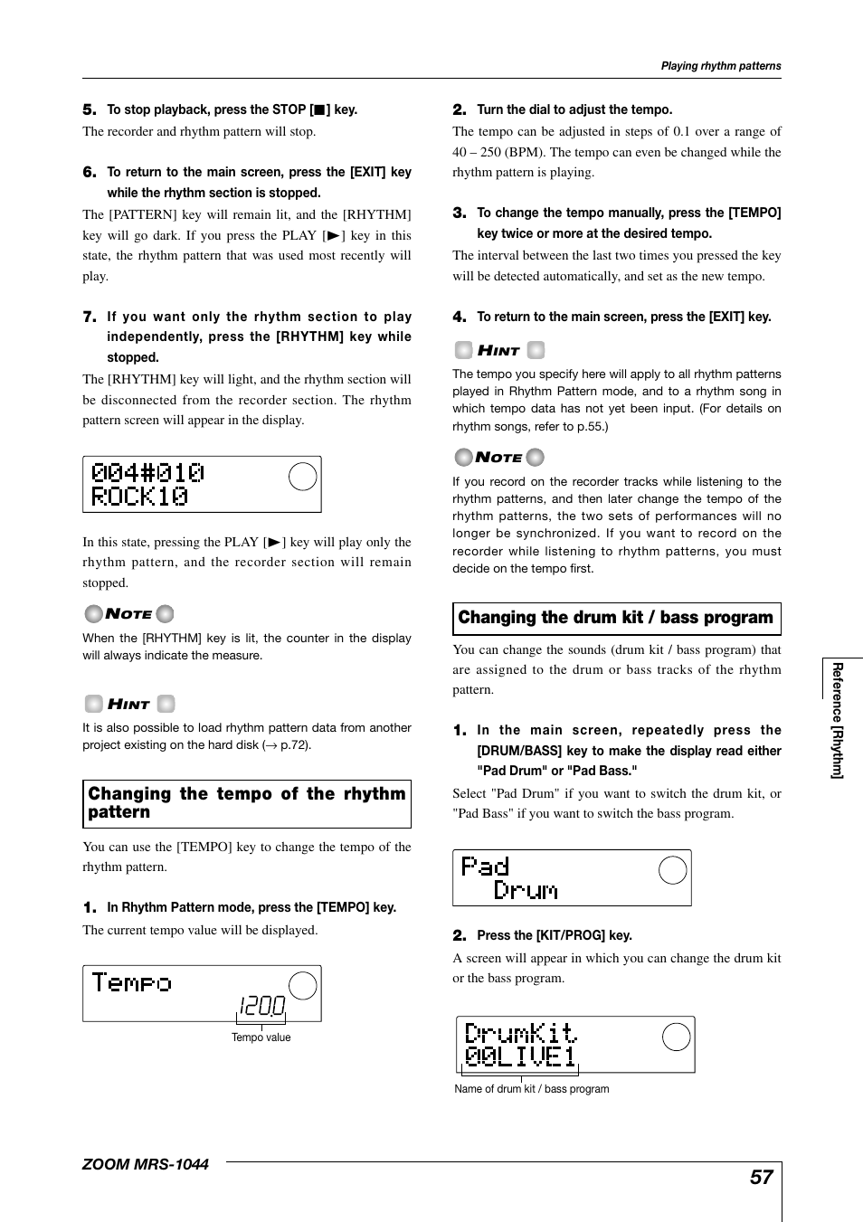 Changing the drum kit / bass program, Changing the tempo of the rhythm pattern | Zoom MRS-1044 User Manual | Page 57 / 120