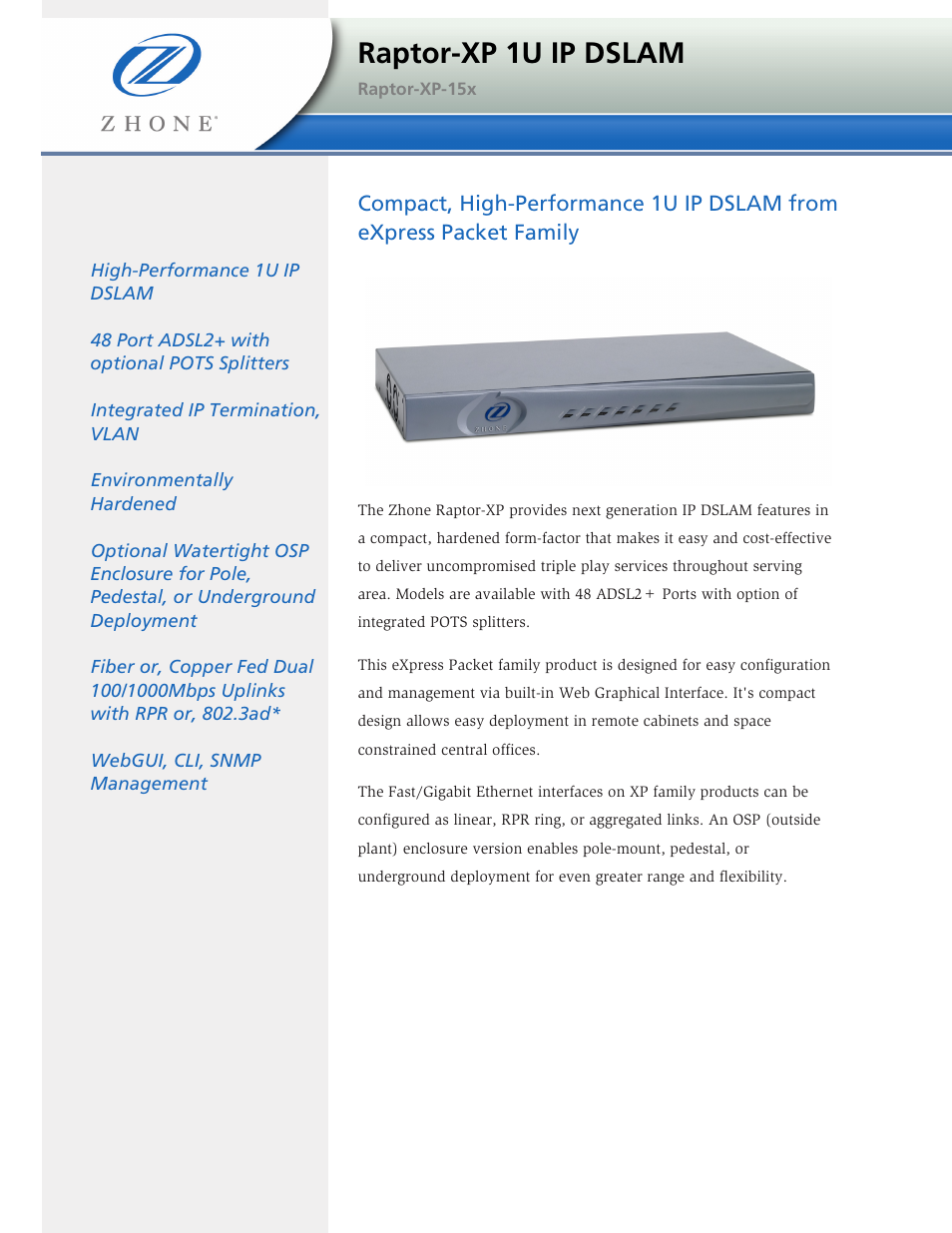 Zhone Technologies Raptor-XP-15x User Manual | 4 pages