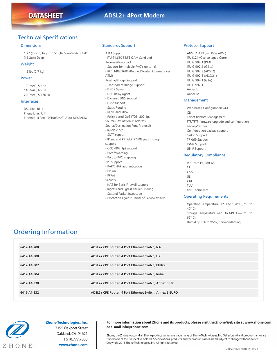 Ordering information, Adsl2+ 4port modem, Technical specifications | Dimensions, Weight, Power, Interfaces, Standards support, Protocol support, Management | Zhone Technologies 6412-A1-xxx User Manual | Page 2 / 2