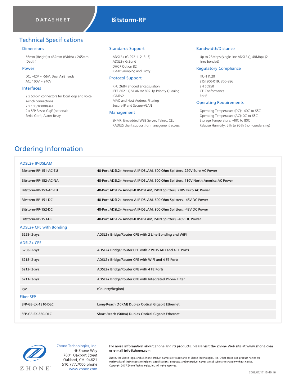 Ordering information, Bitstorm-rp, Technical specifications | Zhone Technologies ADSL2+ Reach & High Performance User Manual | Page 2 / 2