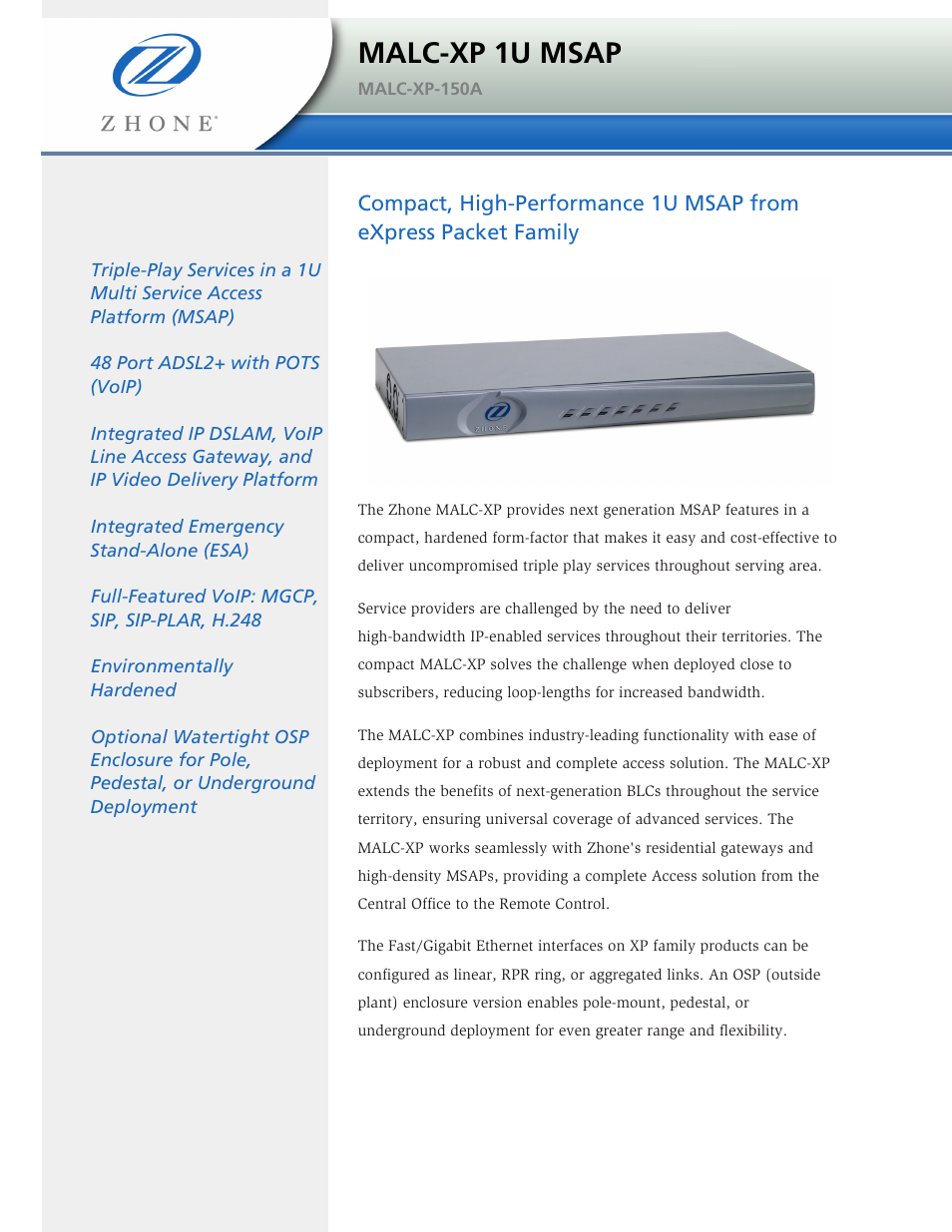 Zhone Technologies MALC-XP User Manual | 4 pages