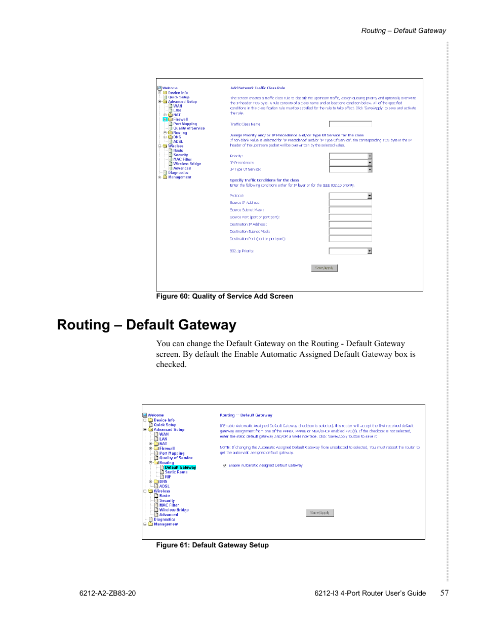 Routing – default gateway | Zhone Technologies 6212 User Manual | Page 57 / 84