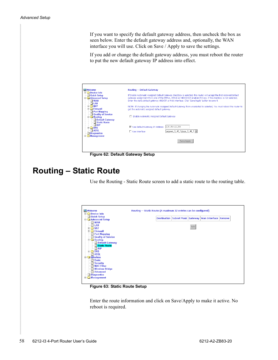 Routing – static route | Zhone Technologies 6212 User Manual | Page 58 / 84