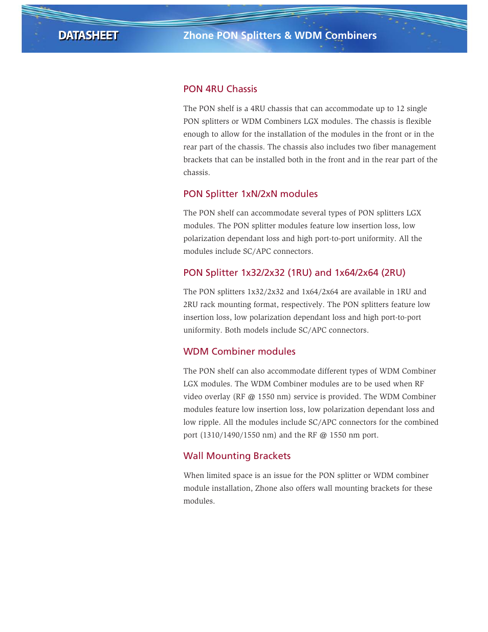 Zhone pon splitters & wdm combiners | Zhone Technologies zPON User Manual | Page 2 / 4