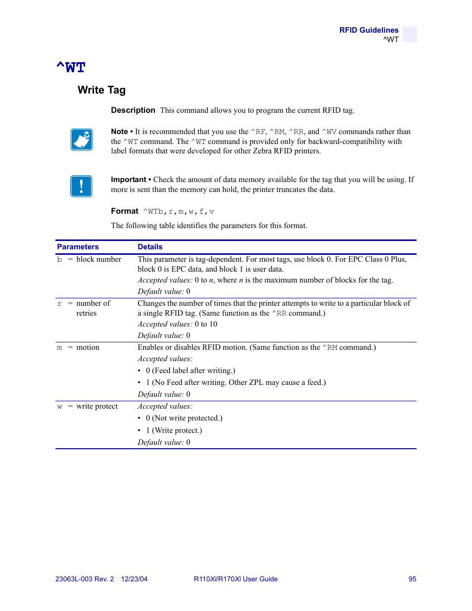 Write tag | Zebra Technologies R170XiTM User Manual | Page 107 / 184