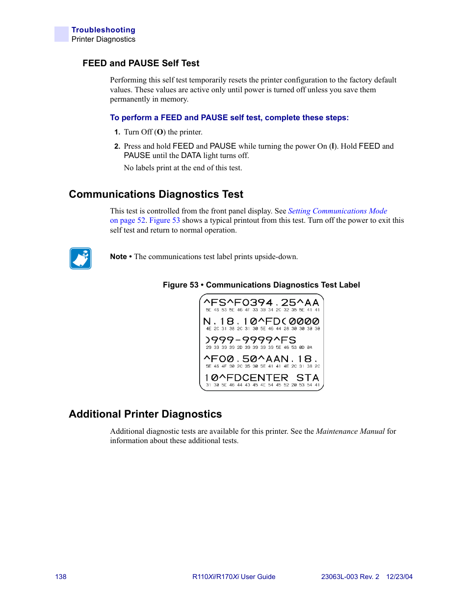 Communications diagnostics test, Additional printer diagnostics | Zebra Technologies R170XiTM User Manual | Page 150 / 184