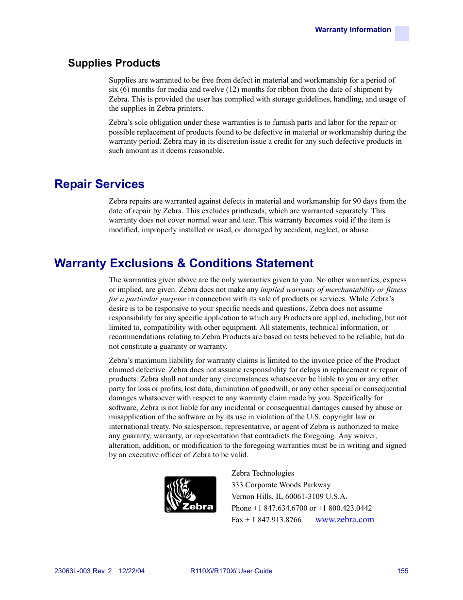 Repair services, Warranty exclusions & conditions statement, Supplies products | Zebra Technologies R170XiTM User Manual | Page 167 / 184