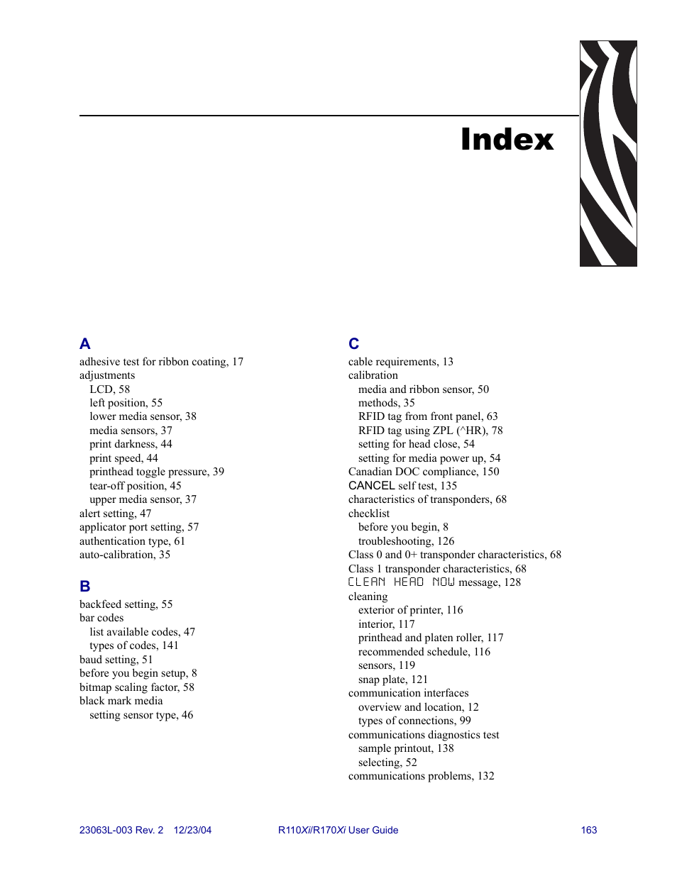 Index | Zebra Technologies R170XiTM User Manual | Page 175 / 184