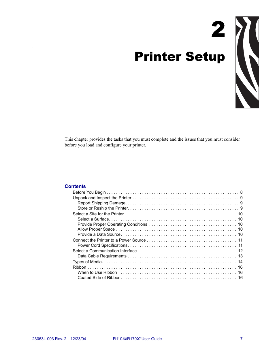 Printer setup, 2 • printer setup | Zebra Technologies R170XiTM User Manual | Page 19 / 184