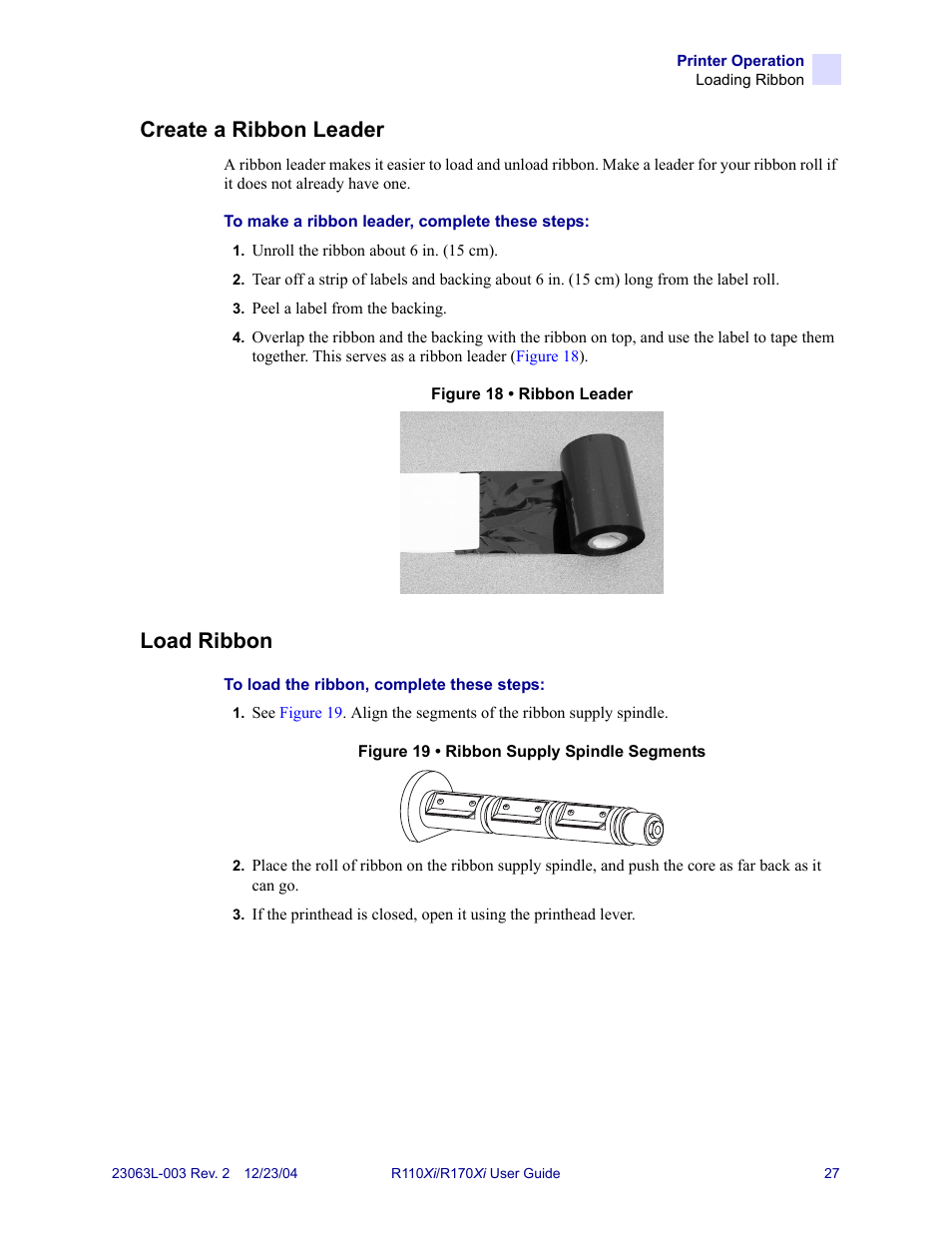 Create a ribbon leader, Load ribbon, Create a ribbon leader load ribbon | Zebra Technologies R170XiTM User Manual | Page 39 / 184